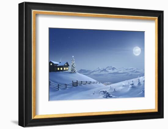 Digital Painting of a Silent Christmas Night in the Snow Covered Mountains.-Inga Nielsen-Framed Photographic Print