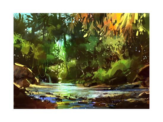 Digital Painting Of Beautiful River With Cascades In Forest