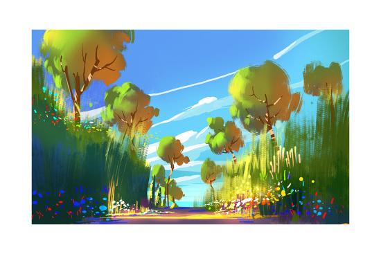 Digital Painting Of Colorful Forest And Trees Nature Green Wood