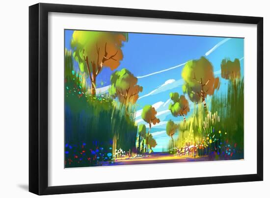 Digital Painting of Colorful Forest and Trees,Nature Green Wood Backgrounds,Illustration-Tithi Luadthong-Framed Art Print