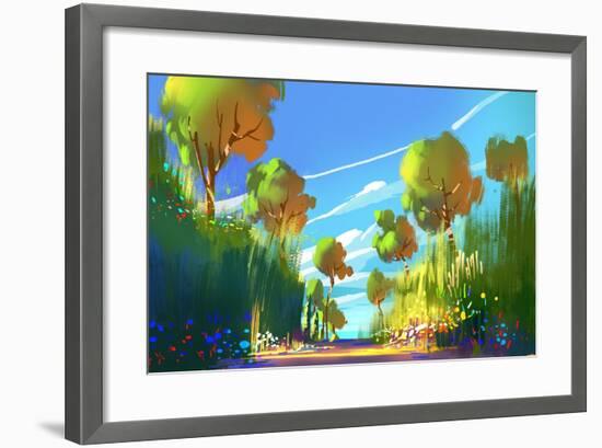 Digital Painting of Colorful Forest and Trees,Nature Green Wood Backgrounds,Illustration-Tithi Luadthong-Framed Art Print