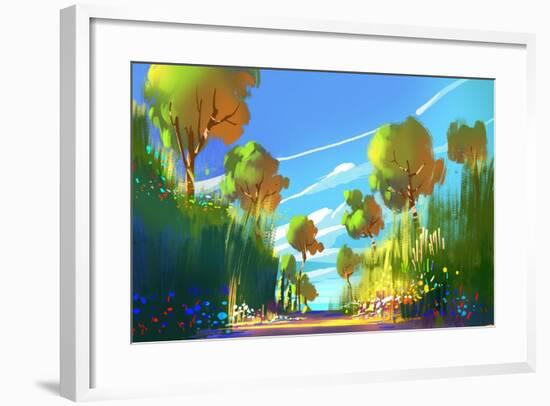 Digital Painting of Colorful Forest and Trees,Nature Green Wood Backgrounds,Illustration-Tithi Luadthong-Framed Art Print