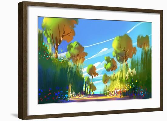 Digital Painting of Colorful Forest and Trees,Nature Green Wood Backgrounds,Illustration-Tithi Luadthong-Framed Art Print