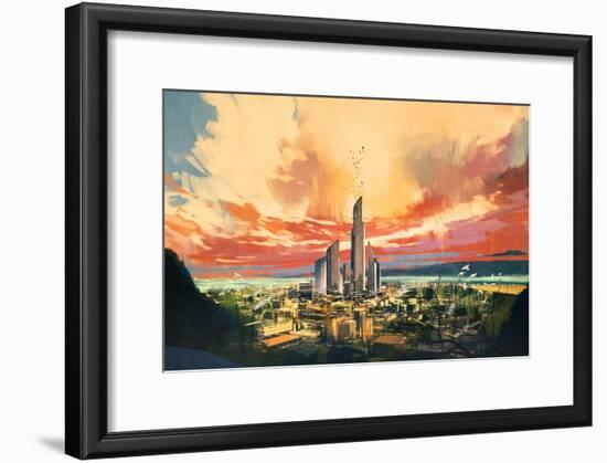 Digital Painting of Futuristic Sci-Fi City with Skyscraper at Sunset,Illustration-Tithi Luadthong-Framed Art Print