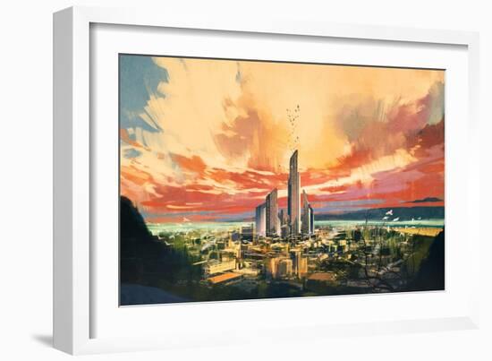 Digital Painting of Futuristic Sci-Fi City with Skyscraper at Sunset,Illustration-Tithi Luadthong-Framed Art Print