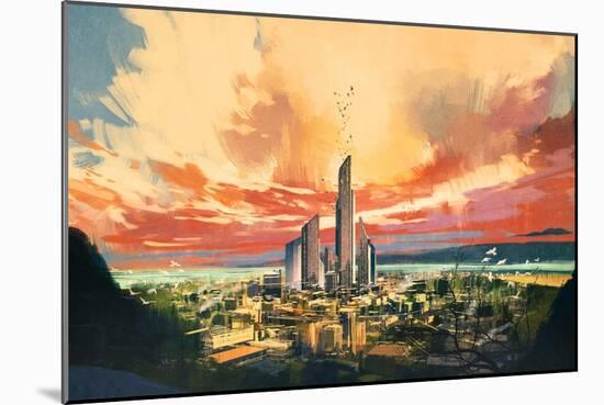 Digital Painting of Futuristic Sci-Fi City with Skyscraper at Sunset,Illustration-Tithi Luadthong-Mounted Art Print