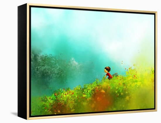 Digital Painting of Girl in Red Dress Rides a Bike in Flower Fields, Oil on Canvas Texture-Archv-Framed Stretched Canvas