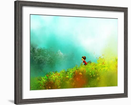 Digital Painting of Girl in Red Dress Rides a Bike in Flower Fields, Oil on Canvas Texture-Archv-Framed Art Print