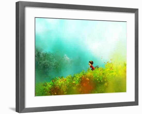 Digital Painting of Girl in Red Dress Rides a Bike in Flower Fields, Oil on Canvas Texture-Archv-Framed Art Print