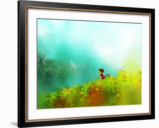 Digital Painting of Girl in Red Dress Rides a Bike in Flower Fields, Oil on Canvas Texture-Archv-Framed Art Print