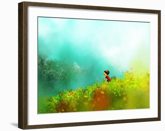 Digital Painting of Girl in Red Dress Rides a Bike in Flower Fields, Oil on Canvas Texture-Archv-Framed Art Print