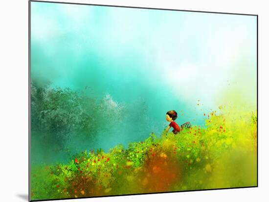 Digital Painting of Girl in Red Dress Rides a Bike in Flower Fields, Oil on Canvas Texture-Archv-Mounted Art Print