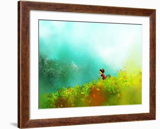 Digital Painting of Girl in Red Dress Rides a Bike in Flower Fields, Oil on Canvas Texture-Archv-Framed Art Print