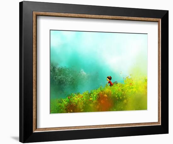 Digital Painting of Girl in Red Dress Rides a Bike in Flower Fields, Oil on Canvas Texture-Archv-Framed Art Print