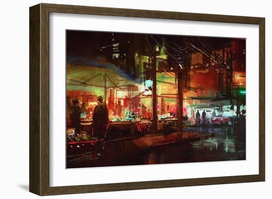 Digital Painting of People Walking in the Market at Night,Illustration-Tithi Luadthong-Framed Art Print