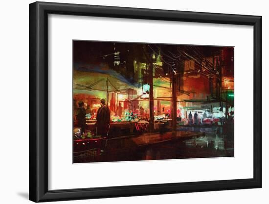 Digital Painting of People Walking in the Market at Night,Illustration-Tithi Luadthong-Framed Art Print