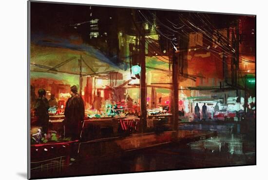 Digital Painting of People Walking in the Market at Night,Illustration-Tithi Luadthong-Mounted Art Print