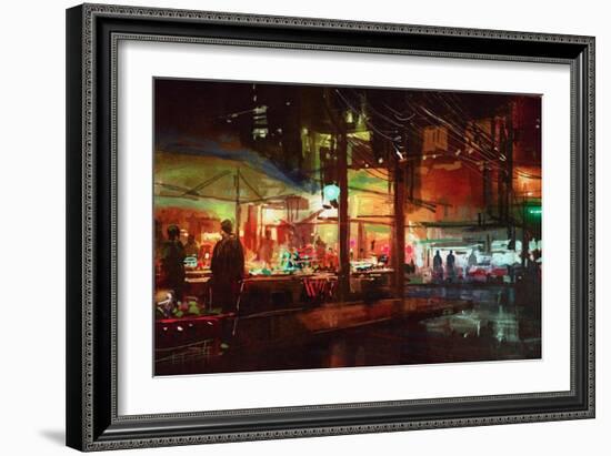 Digital Painting of People Walking in the Market at Night,Illustration-Tithi Luadthong-Framed Art Print