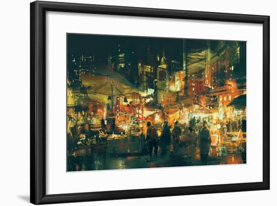 Digital Painting of People Walking in the Market at Night,Illustration-Tithi Luadthong-Framed Art Print