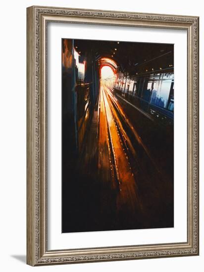 Digital Painting of Railway Station with Sunset-Tithi Luadthong-Framed Art Print