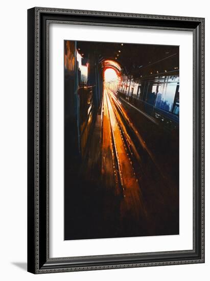 Digital Painting of Railway Station with Sunset-Tithi Luadthong-Framed Art Print