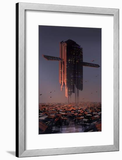Digital Painting of Sci-Fi Slum City,Illustration Art-Tithi Luadthong-Framed Art Print