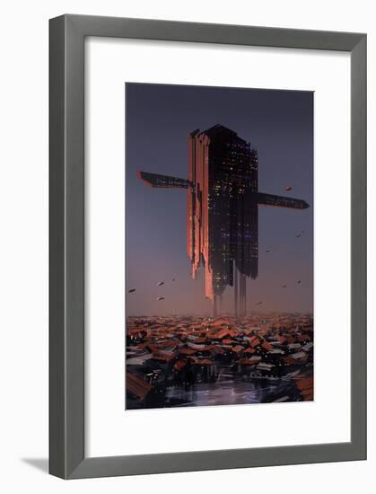 Digital Painting of Sci-Fi Slum City,Illustration Art-Tithi Luadthong-Framed Art Print