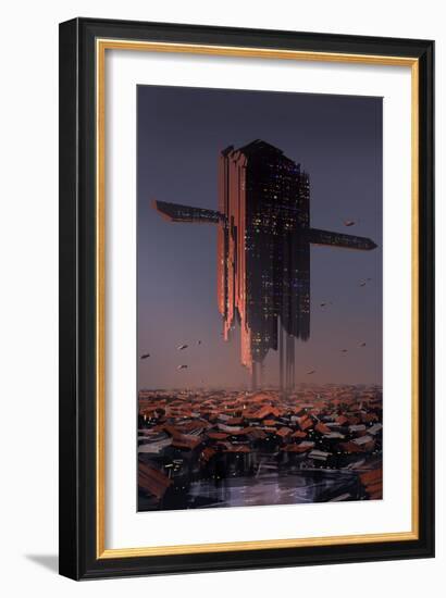 Digital Painting of Sci-Fi Slum City,Illustration Art-Tithi Luadthong-Framed Art Print