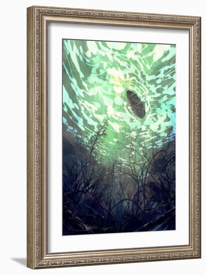 Digital Painting of Underwater View with the Tree Branch and Stones,Waves and Reflection of the Sun-Tithi Luadthong-Framed Art Print