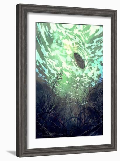 Digital Painting of Underwater View with the Tree Branch and Stones,Waves and Reflection of the Sun-Tithi Luadthong-Framed Art Print