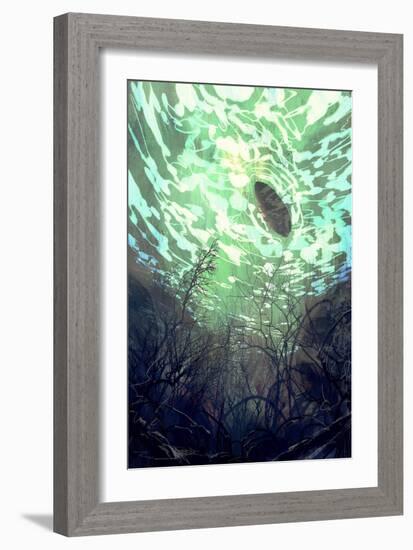 Digital Painting of Underwater View with the Tree Branch and Stones,Waves and Reflection of the Sun-Tithi Luadthong-Framed Art Print