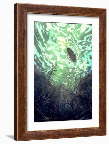 Digital Painting of Underwater View with the Tree Branch and Stones,Waves and Reflection of the Sun-Tithi Luadthong-Framed Art Print