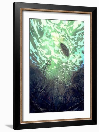 Digital Painting of Underwater View with the Tree Branch and Stones,Waves and Reflection of the Sun-Tithi Luadthong-Framed Art Print