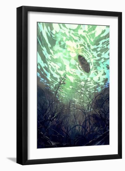 Digital Painting of Underwater View with the Tree Branch and Stones,Waves and Reflection of the Sun-Tithi Luadthong-Framed Art Print