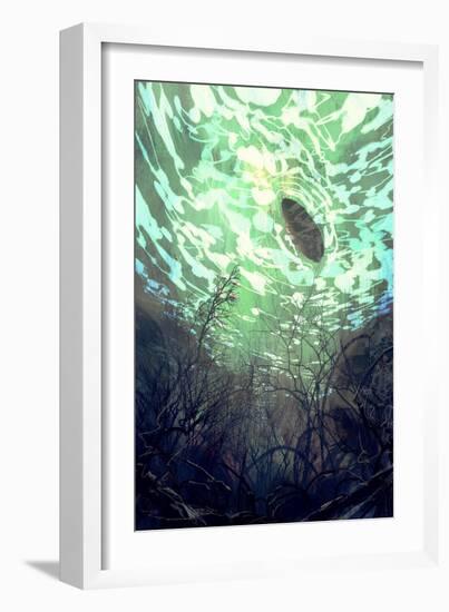 Digital Painting of Underwater View with the Tree Branch and Stones,Waves and Reflection of the Sun-Tithi Luadthong-Framed Art Print