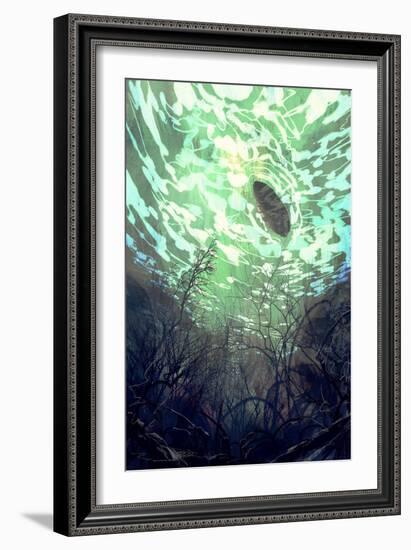 Digital Painting of Underwater View with the Tree Branch and Stones,Waves and Reflection of the Sun-Tithi Luadthong-Framed Art Print