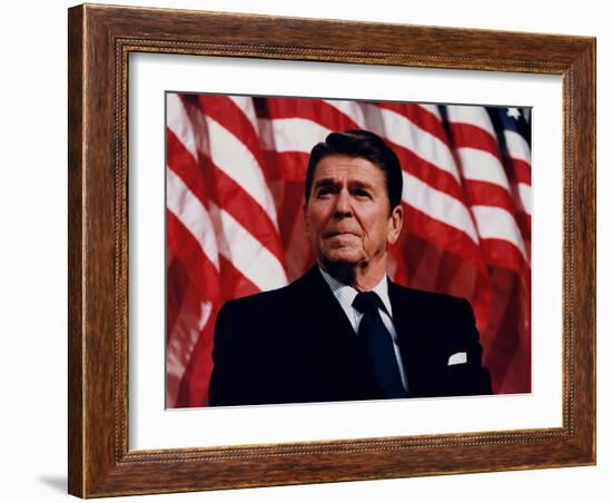 Digitally Restored Vector Photo of President Ronald Reagan in Front of American Flag-Stocktrek Images-Framed Photographic Print