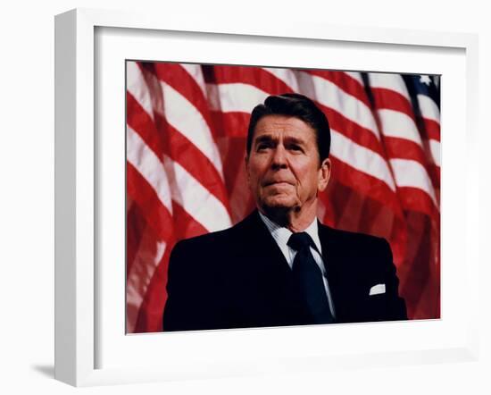 Digitally Restored Vector Photo of President Ronald Reagan in Front of American Flag-Stocktrek Images-Framed Photographic Print