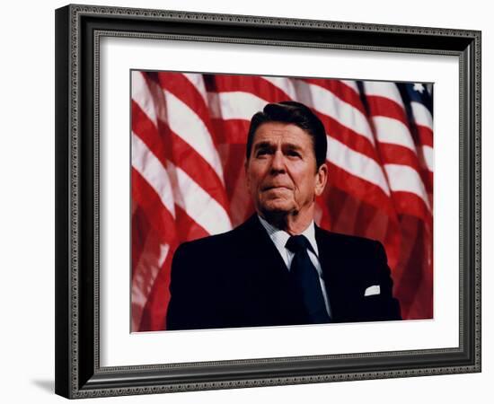 Digitally Restored Vector Photo of President Ronald Reagan in Front of American Flag-Stocktrek Images-Framed Photographic Print