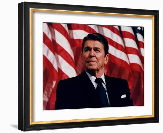 Digitally Restored Vector Photo of President Ronald Reagan in Front of American Flag-Stocktrek Images-Framed Photographic Print