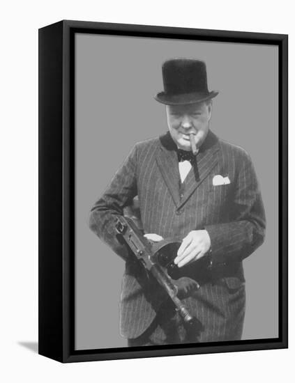 Digitally Restored Vector Photo of Sir Winston Churchill with a Tommy Gun-Stocktrek Images-Framed Premier Image Canvas