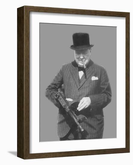 Digitally Restored Vector Photo of Sir Winston Churchill with a Tommy Gun-Stocktrek Images-Framed Premium Photographic Print