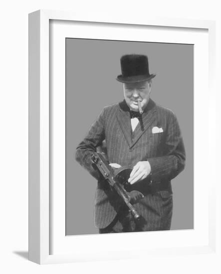 Digitally Restored Vector Photo of Sir Winston Churchill with a Tommy Gun-Stocktrek Images-Framed Premium Photographic Print
