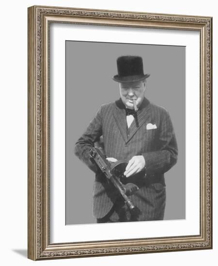 Digitally Restored Vector Photo of Sir Winston Churchill with a Tommy Gun-Stocktrek Images-Framed Photographic Print