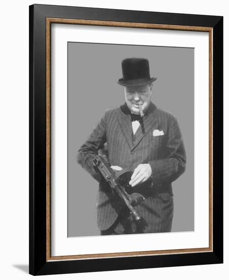 Digitally Restored Vector Photo of Sir Winston Churchill with a Tommy Gun-Stocktrek Images-Framed Photographic Print