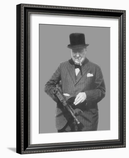 Digitally Restored Vector Photo of Sir Winston Churchill with a Tommy Gun-Stocktrek Images-Framed Photographic Print