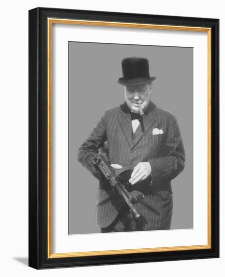 Digitally Restored Vector Photo of Sir Winston Churchill with a Tommy Gun-Stocktrek Images-Framed Photographic Print