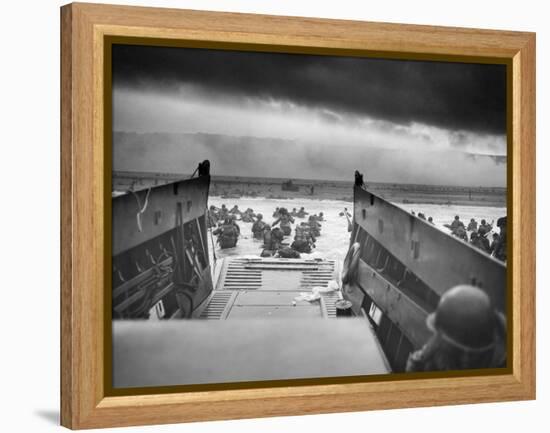 Digitally Restored World War II Photo of American Troops Approaching Omaha Beach-null-Framed Premier Image Canvas