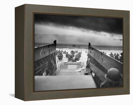 Digitally Restored World War II Photo of American Troops Approaching Omaha Beach-null-Framed Premier Image Canvas