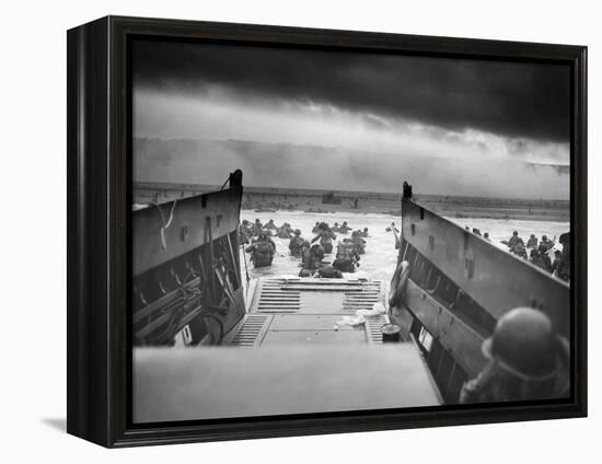 Digitally Restored World War II Photo of American Troops Approaching Omaha Beach-null-Framed Premier Image Canvas